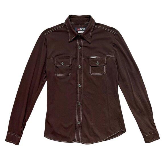 Y2K Vintage Diesel Nylon Western Top Long Sleeve Button Up Brown Pointed Collar. - Picture 1 of 7